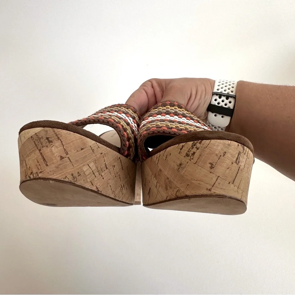 Veronica Beard Dali Multi Woven Raffia Cork Wedge Slide Sandals Brown Tan 9 NIB